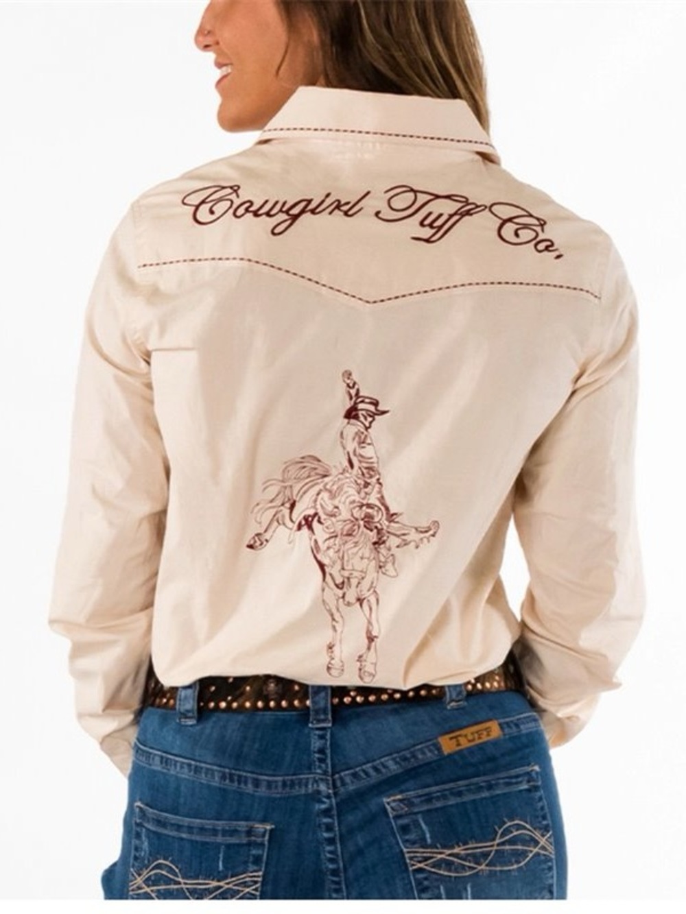 COWGIRL TUFF PULLOVER BUTTON DOWN CREAM SHIRT WITH EMBROIDERED BUCKING HORSE
